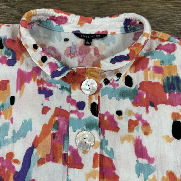 John Mark Abstract Floral Button Down Top Stand Wire Collar Tied 3/4 Sleeve Sz L - Picture 6 of 11